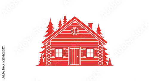 Εκτύπωση καμβά Red Log Cabin Icon with Pine Trees, Rustic Forest Dwelling Vector Art