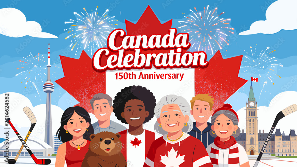 Naklejka premium A vibrant illustration celebrating Canada's 150th Anniversary with diverse people, iconic landmarks, and symbols of Canadian culture.