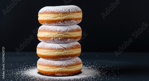 A pile of soft golden brown donuts sprinkled with powdered sugar on a dark background, showcasing the fluffy texture and sweet sugary crust, homemade, shadow, culinary