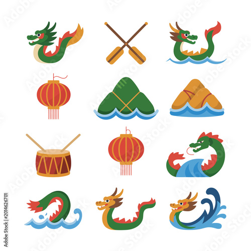 Photos Dragon Boat Festival Symbols, Dragons Paddles Mountains Lanterns Drums Dumplings