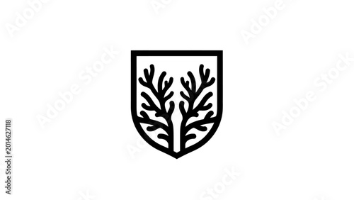 Black shield crest featuring a stylized, symmetrical tree with branching limbs