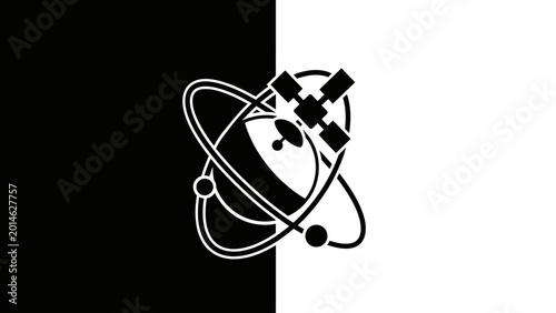 Slika na platnu Atomic symbol and satellite icon on a split black and white background