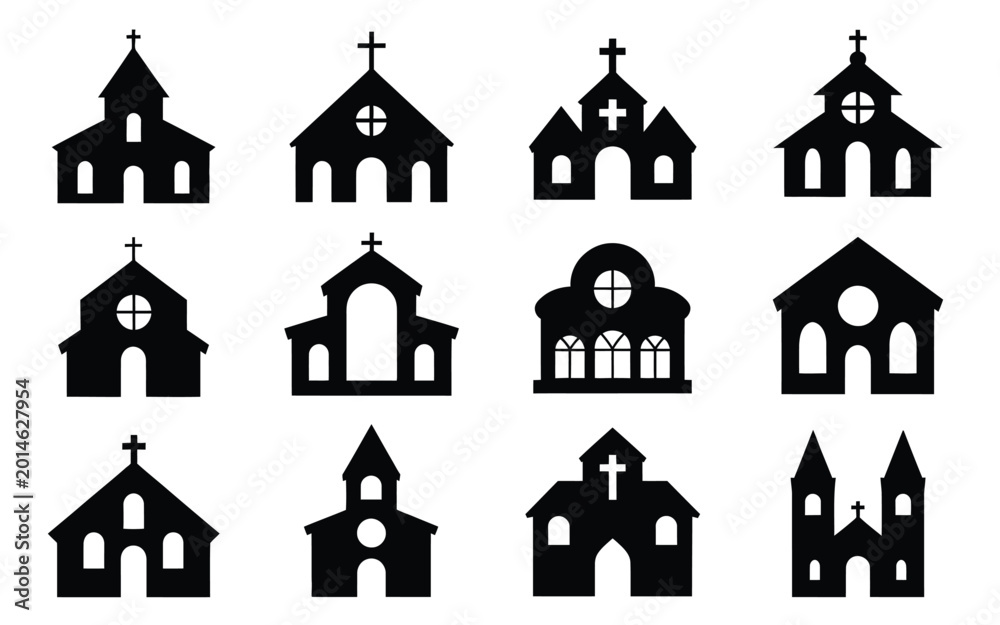 Naklejka premium Collection of black silhouette icons featuring various church buildings and religious architecture with crosses