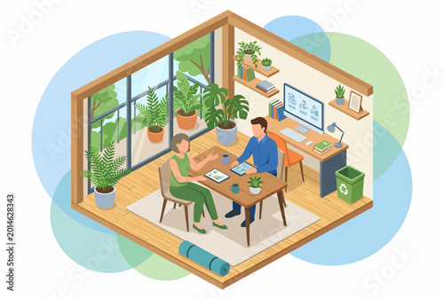 Couple Planning Home Mortgage and Family Financial Goals in Eco Office