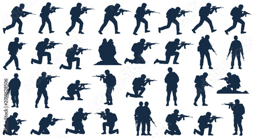 Canvas Print Silhouette Soldiers with Rifles in Combat Poses - Military Action Set