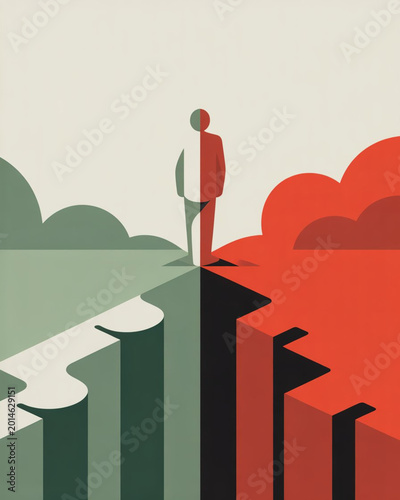 Stylized human figure standing on the edge of a divided landscape with green and red sections.