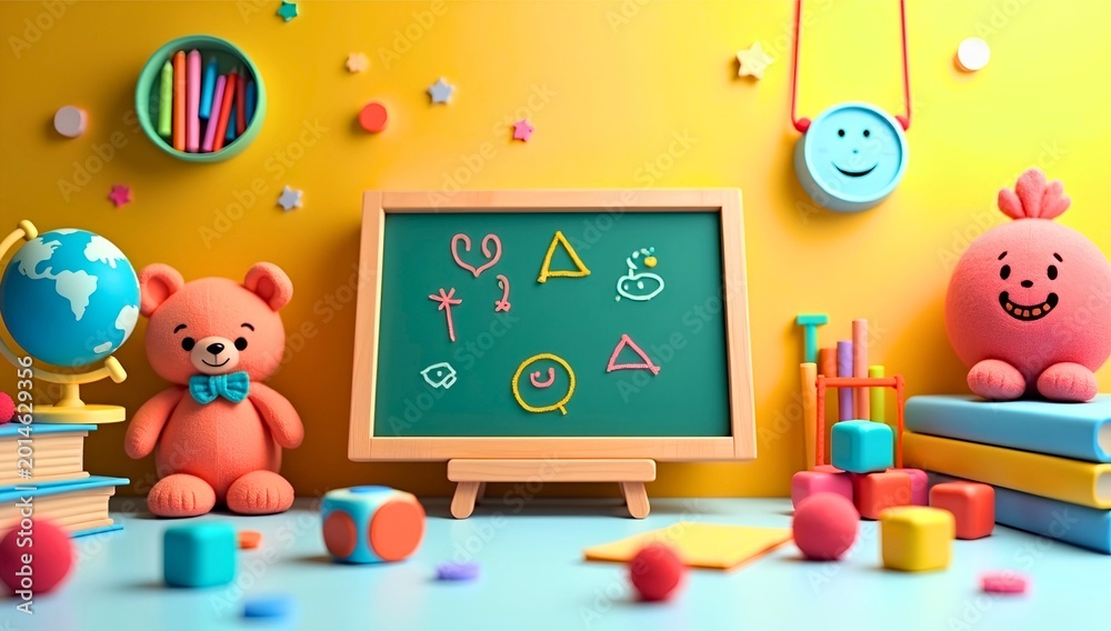Fototapeta premium Playful Classroom Poster Illustration Featuring Green Chalkboard Colorful Drawings Teddy Bear Globe Toys Decorations Educational Space