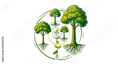 Tree growth stages from seed to mature tree illustration on white background