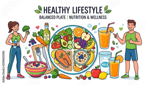 Billede på lærred Healthy Lifestyle Food Plate With Balanced Diet Vector Illustration