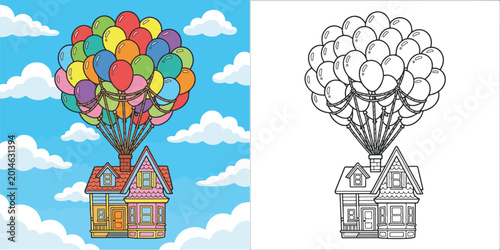 hot air balloon bundle flying house cartoon vector illustration lineart and clipart for children coloring book