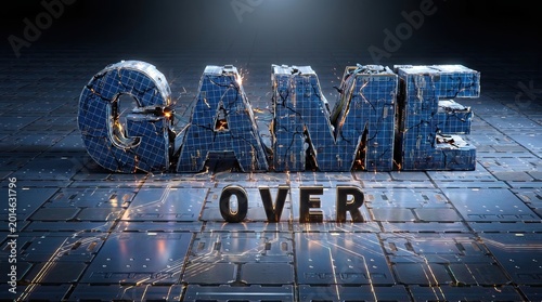 Game Over: A dynamic, text-based composition conveying the stark message Game Over amidst a futuristic, high-tech landscape, symbolizing finality in a visually captivating way. 