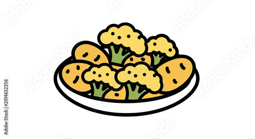 Photos Sliced golden potatoes and yellow cauliflower florets arranged in a white bowl