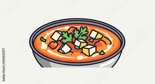 Billede på lærred A steaming bowl of hearty stew with cubed tofu and fresh greens