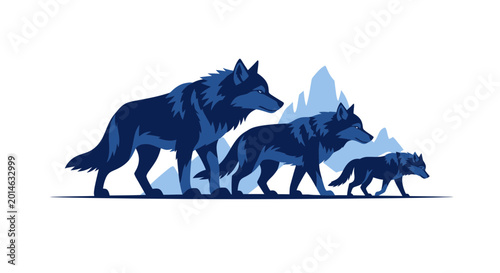 Fotografia Wolf Pack Silhouette Walking In Snowy Mountains