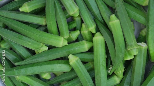 Top view of fresh green raw okra or ladyfinger vegetables