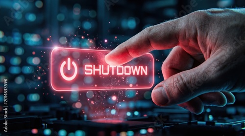 Shutdown Concept: A hand poised to shut down a glowing interface, signaling the end of an era or system.