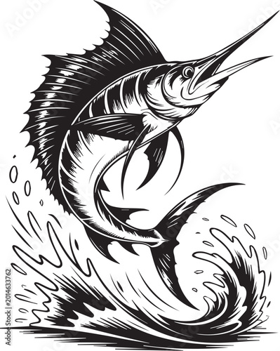 Marlin Fish Vector Illustration, Jumping Swordfish Silhouette, Fishing Logo Design, Black White Ocean Fish Clipart