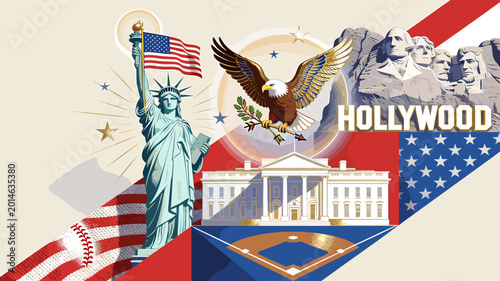 Foto A vibrant collage of American symbols including the Statue of Liberty, the White House, Mount Rushmore, and a baseball field, celebrating national pride and iconic landmarks