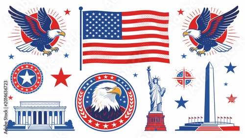 Foto A collection of American patriotic symbols including the flag, bald eagles, Statue of Liberty, Washington Monument, and Lincoln Memorial