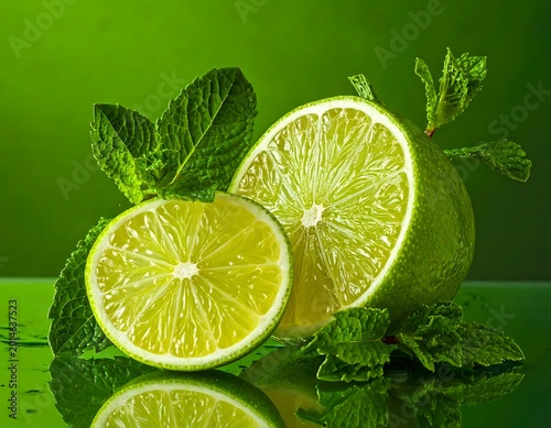 Fresh green lime with mint leaves.