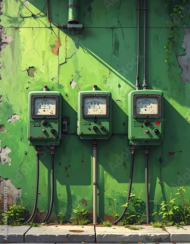 Green utility meters on wall outdoors.