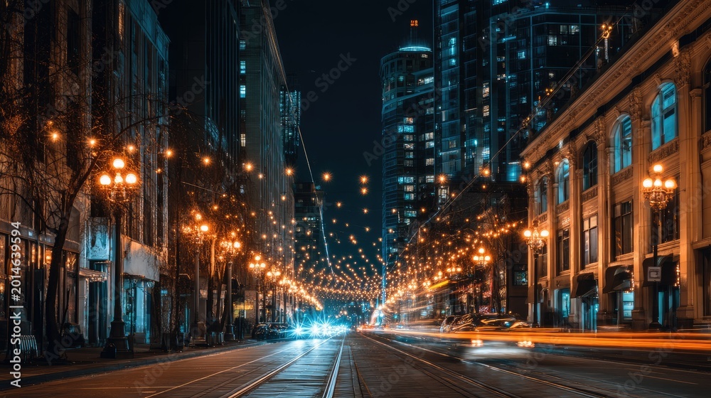 Fototapeta premium Urban Night Scene with Street Lights and Modern Buildings Reflecting Vibrant City Life in a Dynamic Urban Environment at Night