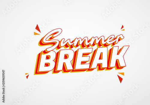 3D retro text reading Summer Break in red, yellow and orange on light gray background