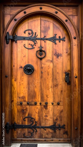 Old wooden door with metal hardware.