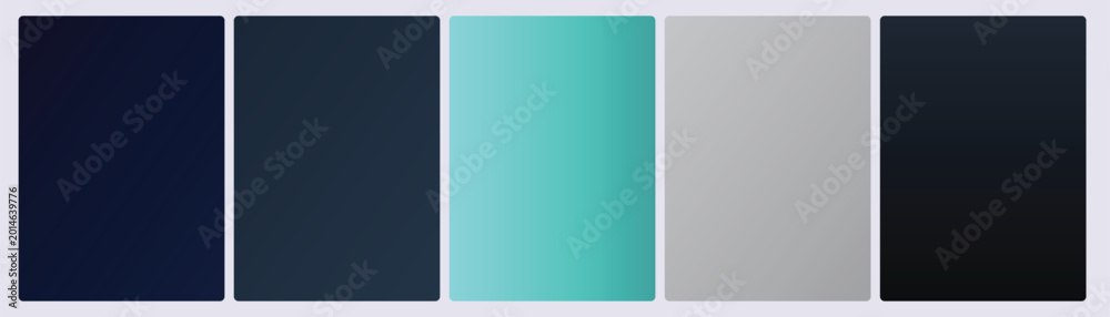 Fototapeta premium Set of five tech hacker gradient cards in dark navy steel blue neon cyan silver gray and charcoal digital tones