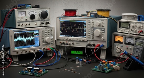 Advanced electronic signal generators and oscilloscope displaying waveforms in a laboratory setting