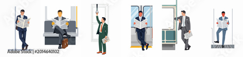 Foto Set of illustrations depicting professional businessmen commuting on public transport, reading newspapers, standing and sitting in formal suits