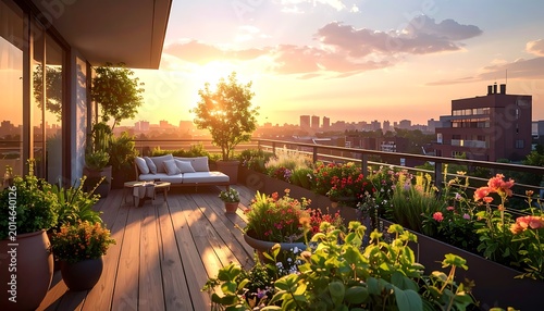 Rooftop garden with city skyline view.