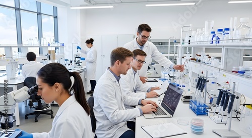 Scientists collaborating in modern laboratory researching biological samples