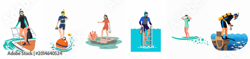 Foto Collection of divers and snorkelers in various aquatic settings, including a boat, buoy, coral reef, ladder, surfboard, and wooden pier
