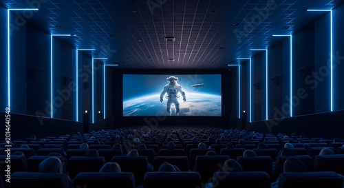 Sci-fi cinema theater with astronaut screen projection on screen