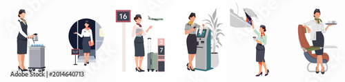 Canvas-taulu Flat illustration set of professional flight attendants performing various duties at the airport and inside an aircraft during a flight