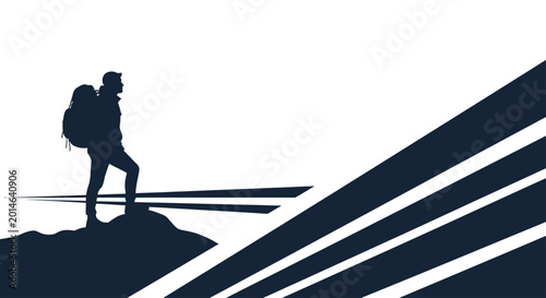 Tableau sur toile Silhouette of a backpacker standing on a rocky peak, looking ahead