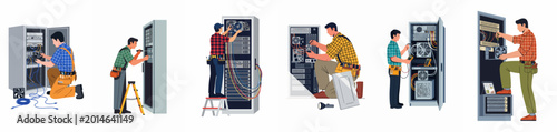 Photos Set of illustrations showing professional technicians installing, maintaining, and repairing server racks and computer hardware in data centers