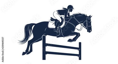 Foto Equestrian jumping horse silhouette, horse rider jumping over obstacle, sport il