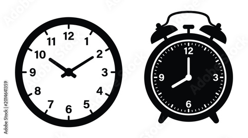 Billede på lærred Two black silhouette clocks wall clock and alarm clock on white background