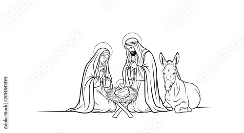 Fotografía Nativity Scene Sketch: Mary, Joseph, Baby Jesus, and Donkey