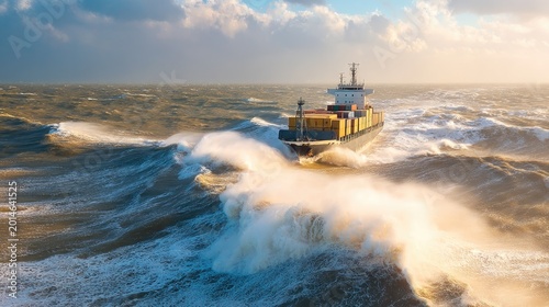 Container ship navigating through stormy sea waves under dramatic skies during sunset with powerful surf and ocean spray captured in high-resolution photo