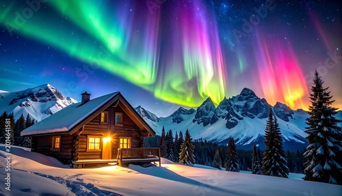 Snowy cabin under colorful aurora borealis.