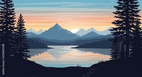 Silhouetted pine trees frame a tranquil lake reflecting distant, layered mountains at sunset
