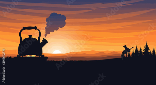 Bilde på lerret Silhouette kettle steams with a wolf-like creature howling at sunset