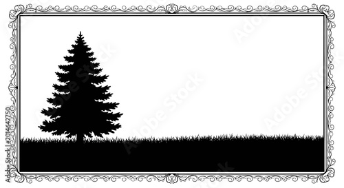 Tableau sur toile Ornate frame surrounds silhouette of a pine tree on grassy field