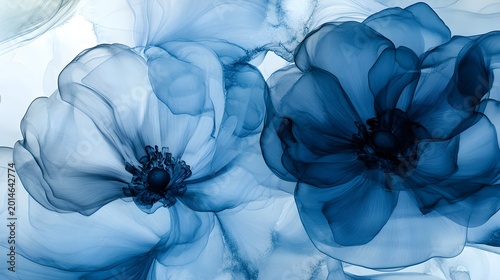 Abstract blue ink flowers with translucent petals floral