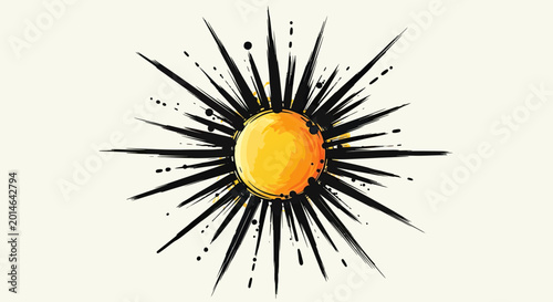 Bright yellow sun with bold black radiating brush strokes and ink splatters