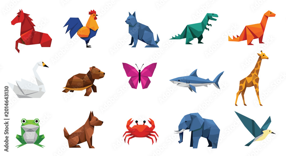 Fototapeta premium Set of colorful geometric origami animal figures including a horse, rooster, dinosaur, swan, turtle, butterfly, shark, giraffe, frog, and dog.