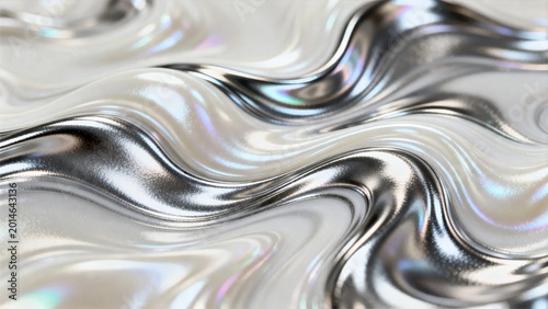 Abstract Marbled Liquid Metal Waves with Molten Silver and Pearl White Swirling Texture
